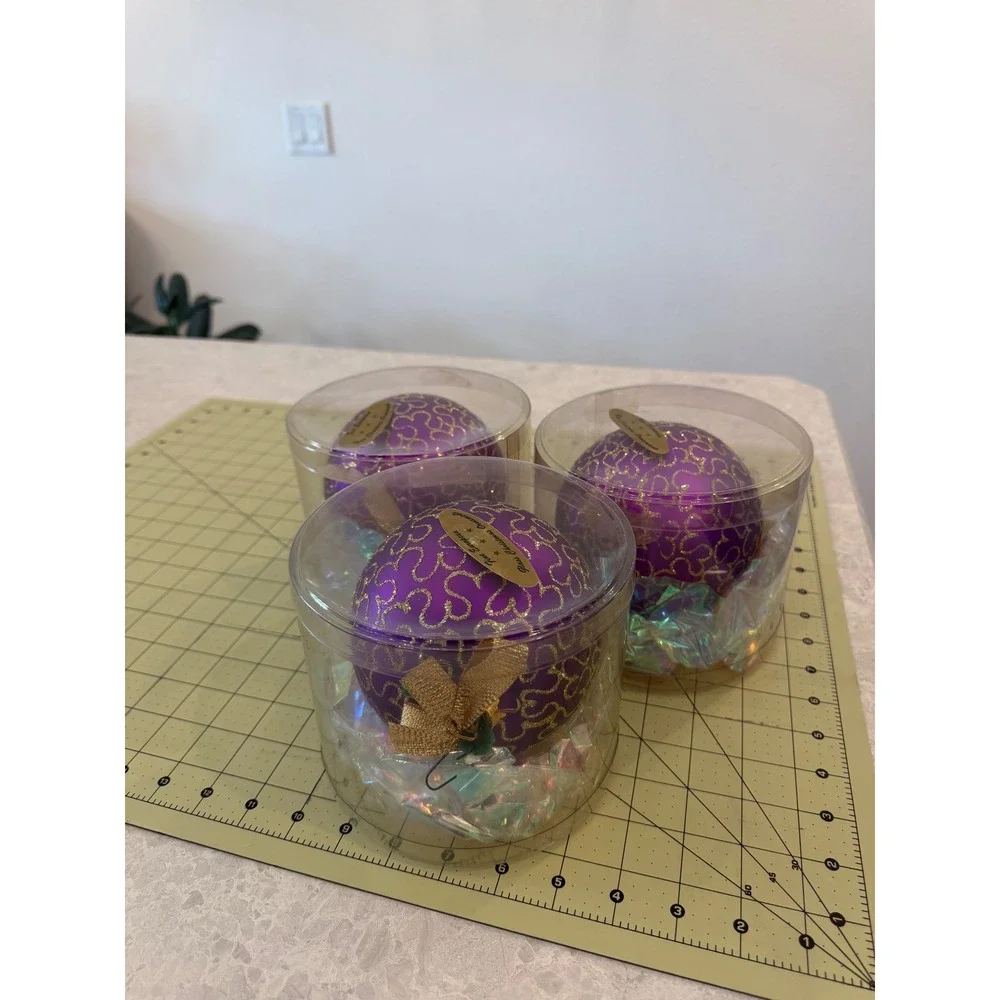 Fine European Glass Christmas Ornaments Purple Gold Glitter Set of 3 Poland.